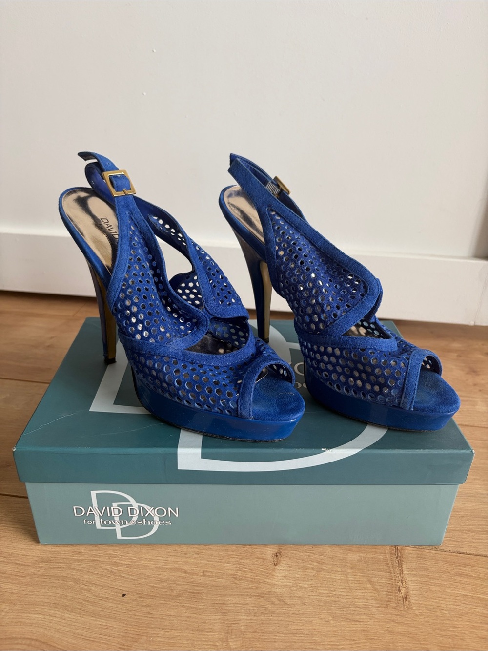 David Tate Vibrant Blue Perforated Suede Peep-Toe Slingbacks